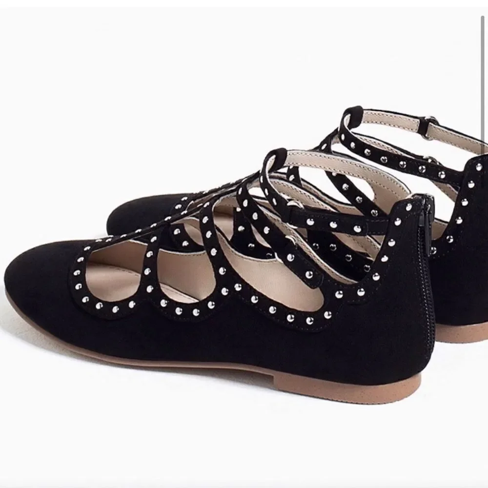 Zara Girls kids Black Cage Silver Stud faux suede Flats shoes -28/US 5